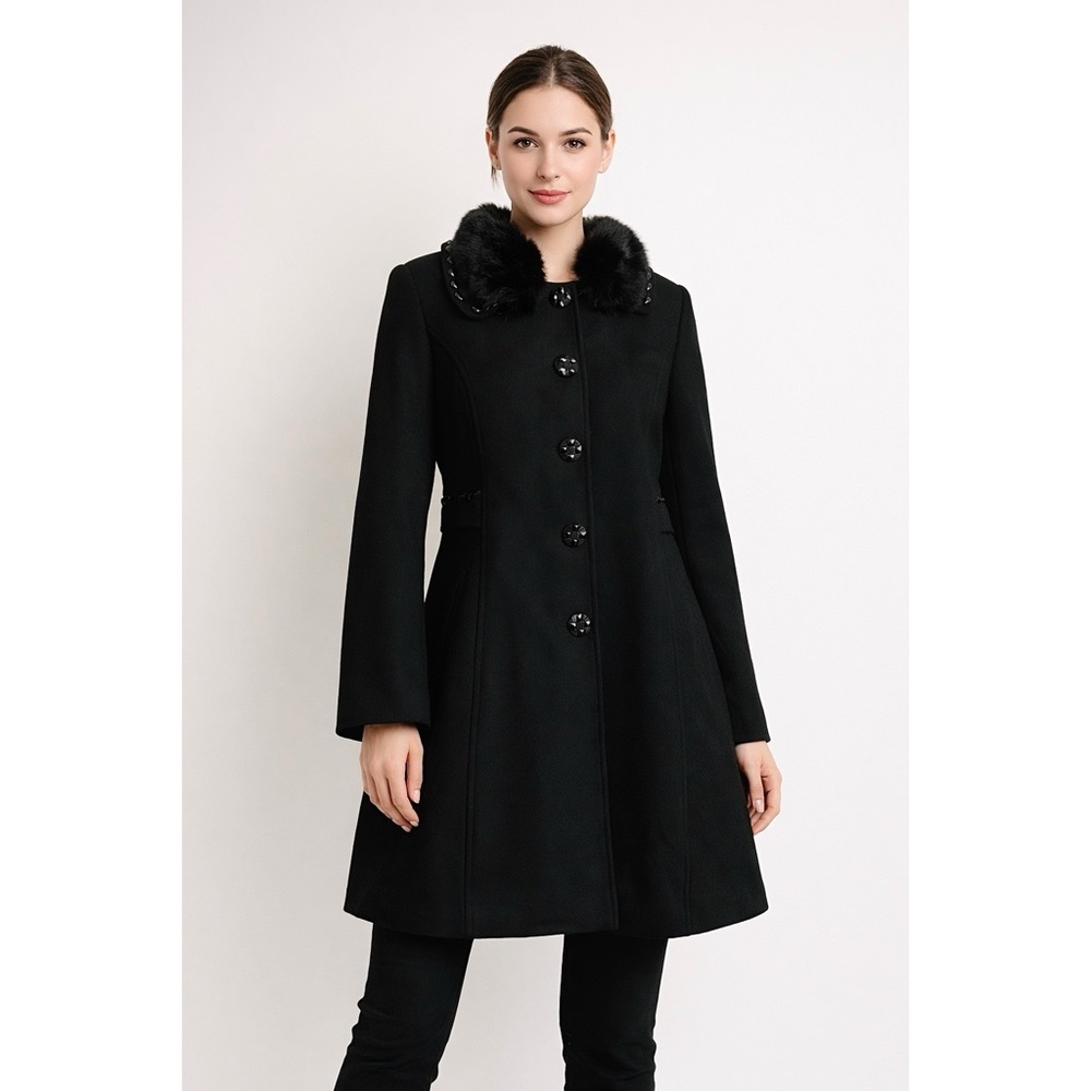 CCO MARKDOWNNew Medium Weight Fashion Black Coat Removable Fur Collar Size Med